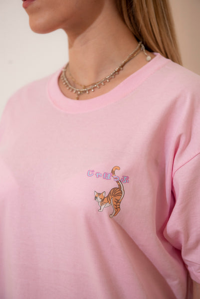Kawaii cat print T-shirt Colore Rosa 90s anime style + Alfabeto  giapponese "Nyantekoto nyai" - GIAPPOP 