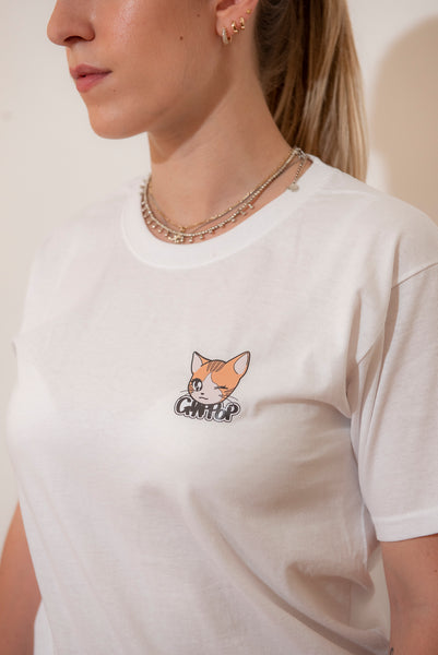 Kawaii cat print T-shirt  Colore Bianco "Nyantekoto nyai" 90s anime style + Logo - GIAPPOP 