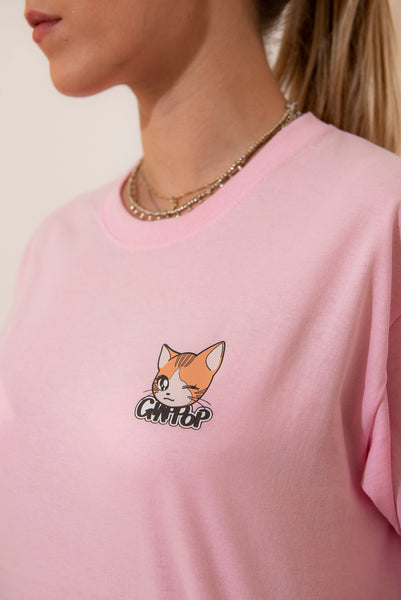 Kawaii cat print T-shirt  Colore Rosa "Nyantekoto nyai" 90s anime style + Logo - GIAPPOP 