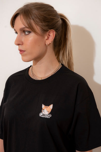 Kawaii cat print T-shirt  Colore Nera "Nyantekoto nyai" 90s anime style + Logo - GIAPPOP 
