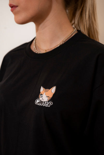 Kawaii cat print T-shirt  Colore Nera "Nyantekoto nyai" 90s anime style + Logo - GIAPPOP 