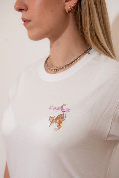 Kawaii cat print T-shirt Colore bianco 90s anime style + Alfabeto  giapponese "Nyantekoto nyai" - GIAPPOP 