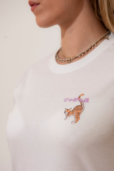 Kawaii cat print T-shirt Colore bianco 90s anime style + Alfabeto  giapponese "Nyantekoto nyai" - GIAPPOP 