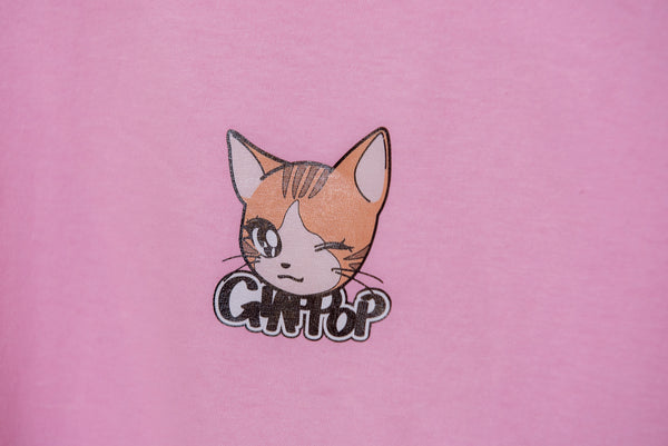 Kawaii cat print T-shirt  Colore Rosa "Nyantekoto nyai" 90s anime style + Logo - GIAPPOP 