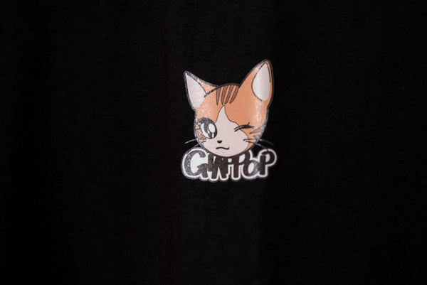 Kawaii cat print T-shirt  Colore Nera "Nyantekoto nyai" 90s anime style + Logo - GIAPPOP 